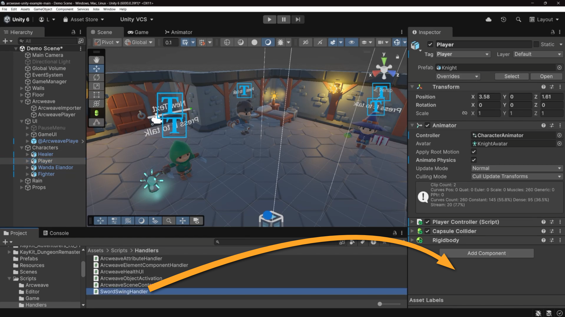 Unity environment: an orange arrow shows the dragging gesture from the Project panel into the Player GameObject Inspector.