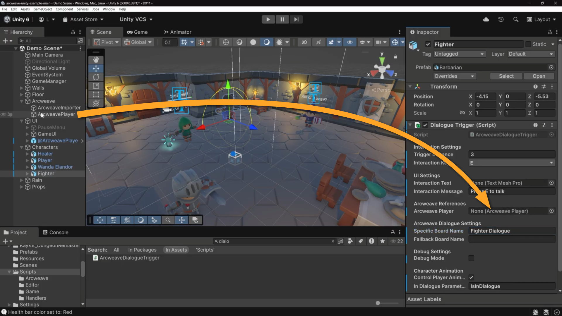 Unity environment. An orange arrow shows how the user should drag the Arcweave Player game object from the Hierarchy and into the Arcweave Player field of the Fighter game object's Inspector.