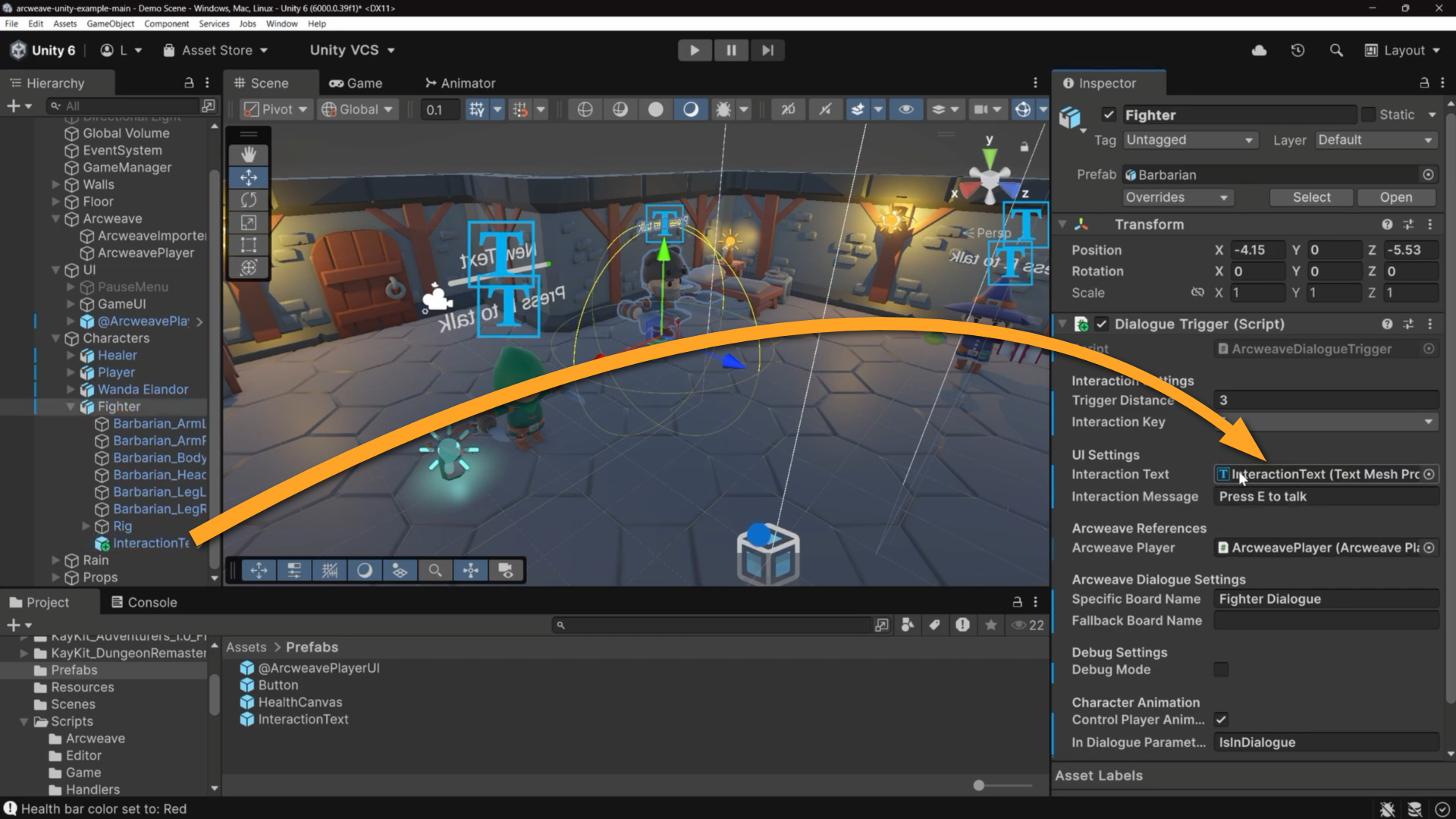 Unity environment. An orange arrow shows how the user should drag the Interaction Text child of the Fighter game object from the Hierarchy into the relevant field of the Inspector.