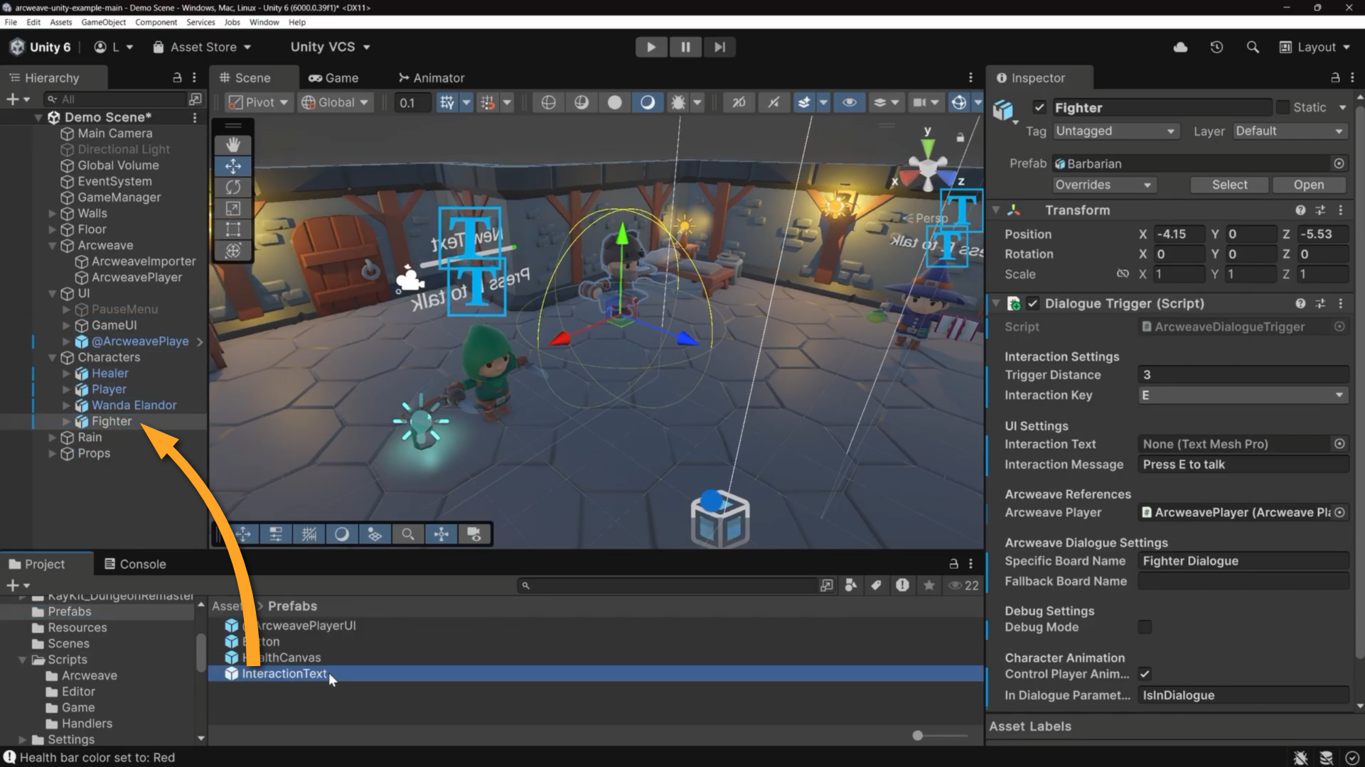 Unity environment. An orange arrow shows how the user should drag the InteractionText prefab to the Fighter game object in the Hierarchy.