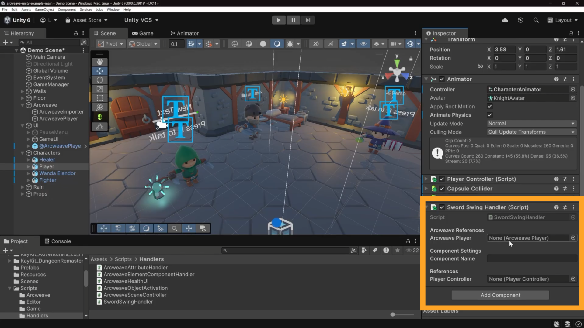 Unity environment: an orange rectangle emphasizes the Sword Swing Handler component in the Player GameObject Inspector.