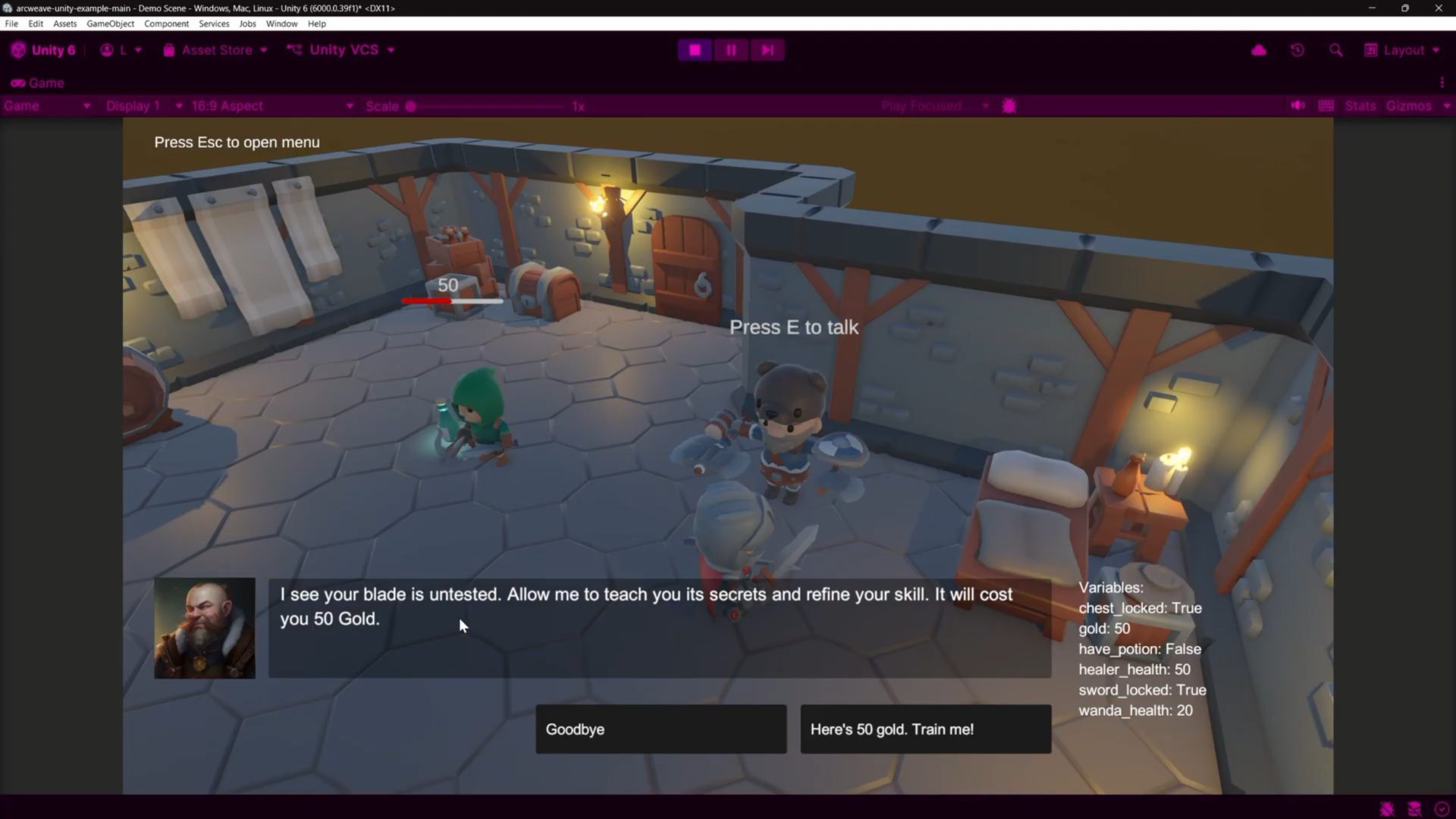 Unity environment, during playtesting. The player is in dialogue with the fighter NPC, during the fighter's "I see your blade is untested..." line.