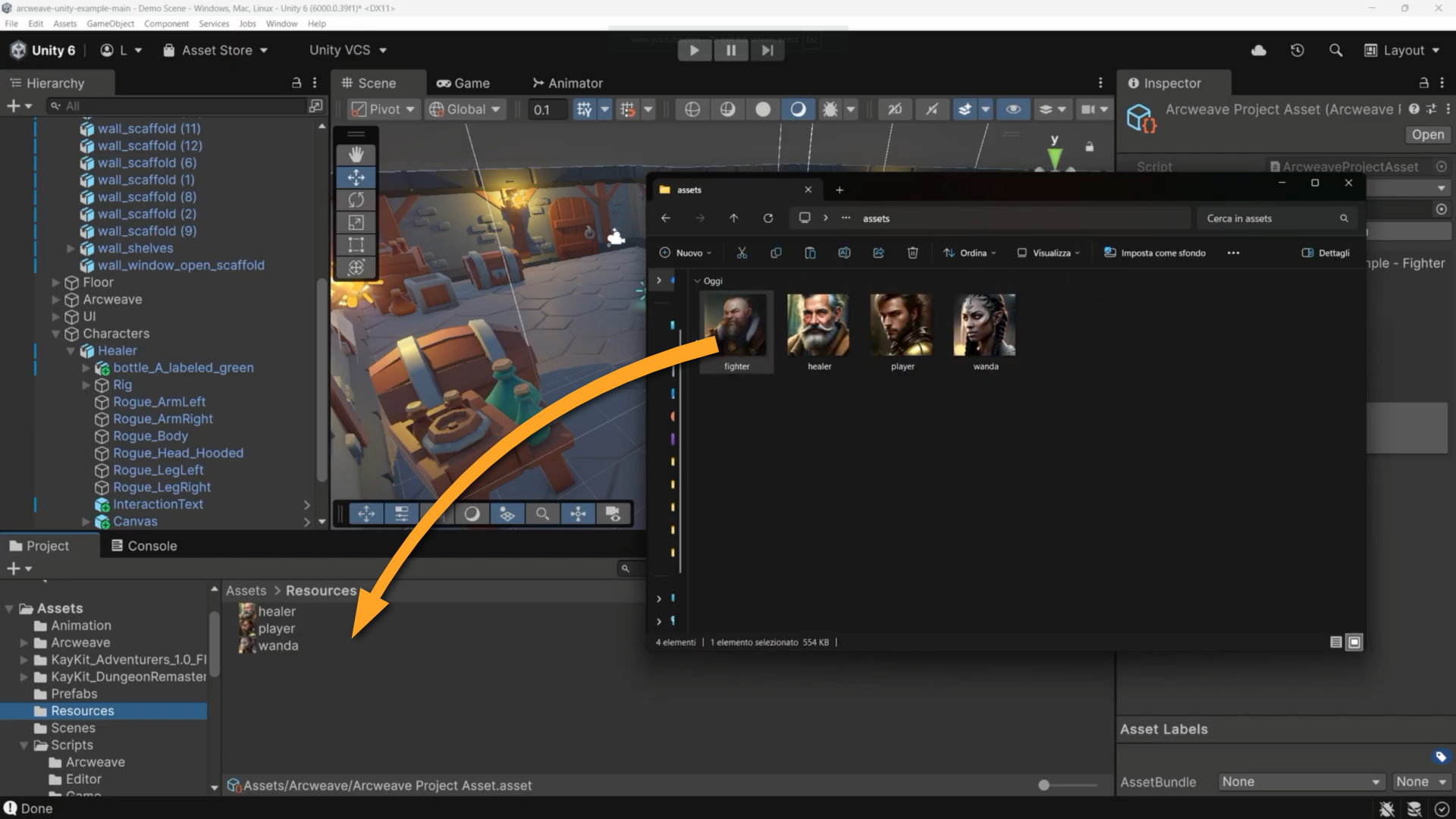 Unity environment. An orange arrow shows how the user should drag the fighter image from the OS file explorer into the Assets > Resources folder of the Unity editor.