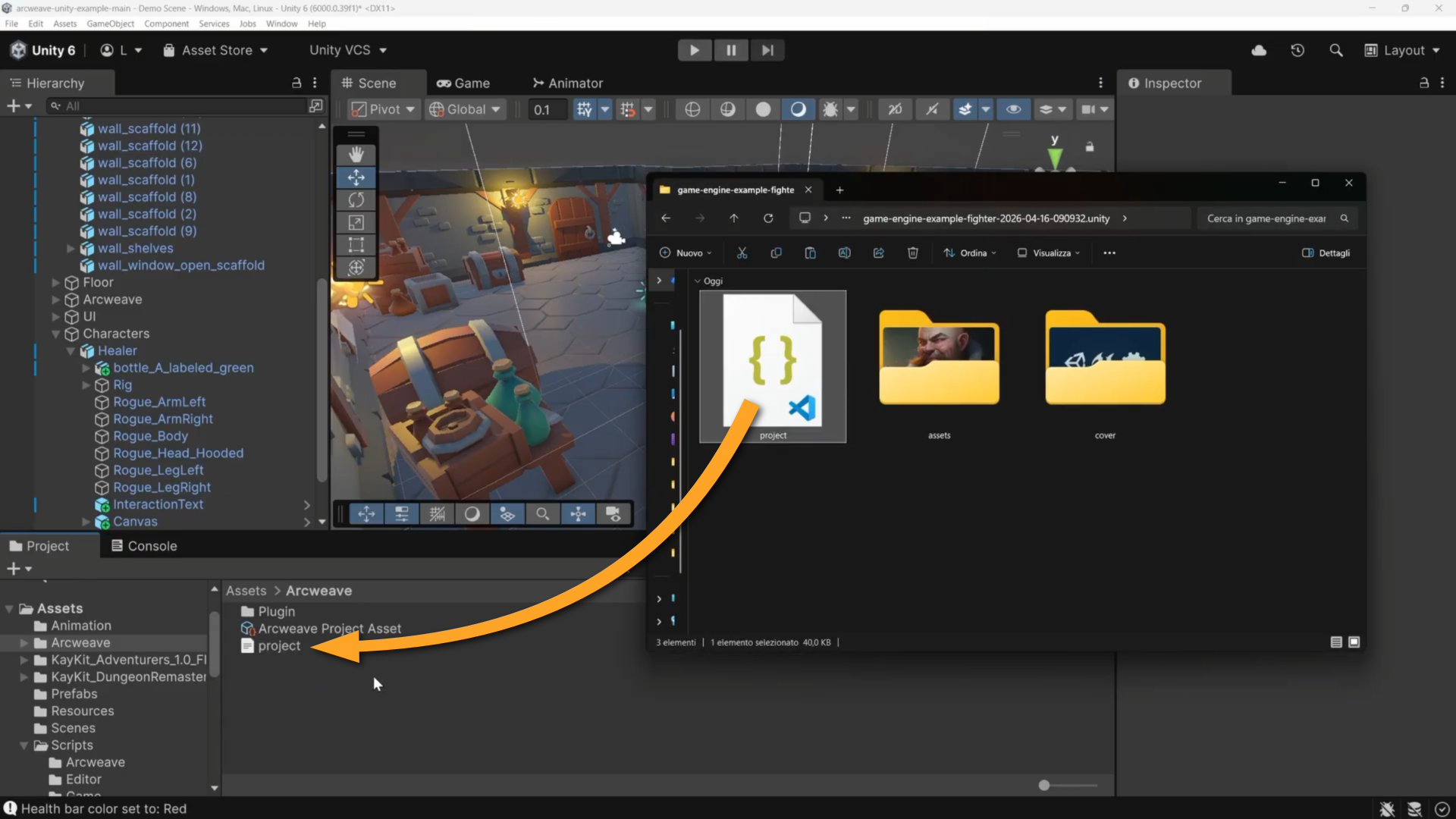 Unity environment. An orange arrow shows how the user should drag the json file from the OS file explorer into the Unity editor folder system.