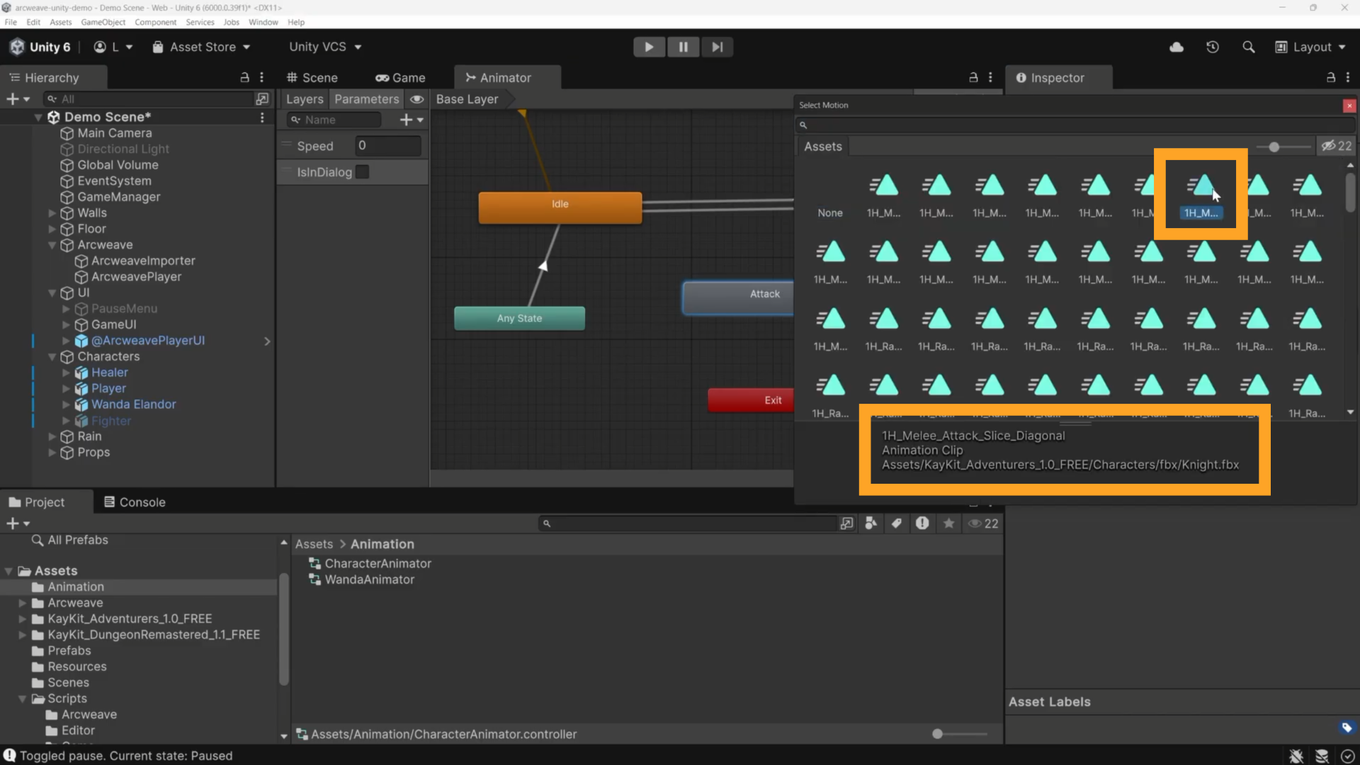 Unity environment, the Animator tab: a browser allows selection of the available animation clips. Orange rectangles show the selected Melee Attack Slice Diagonal clip.