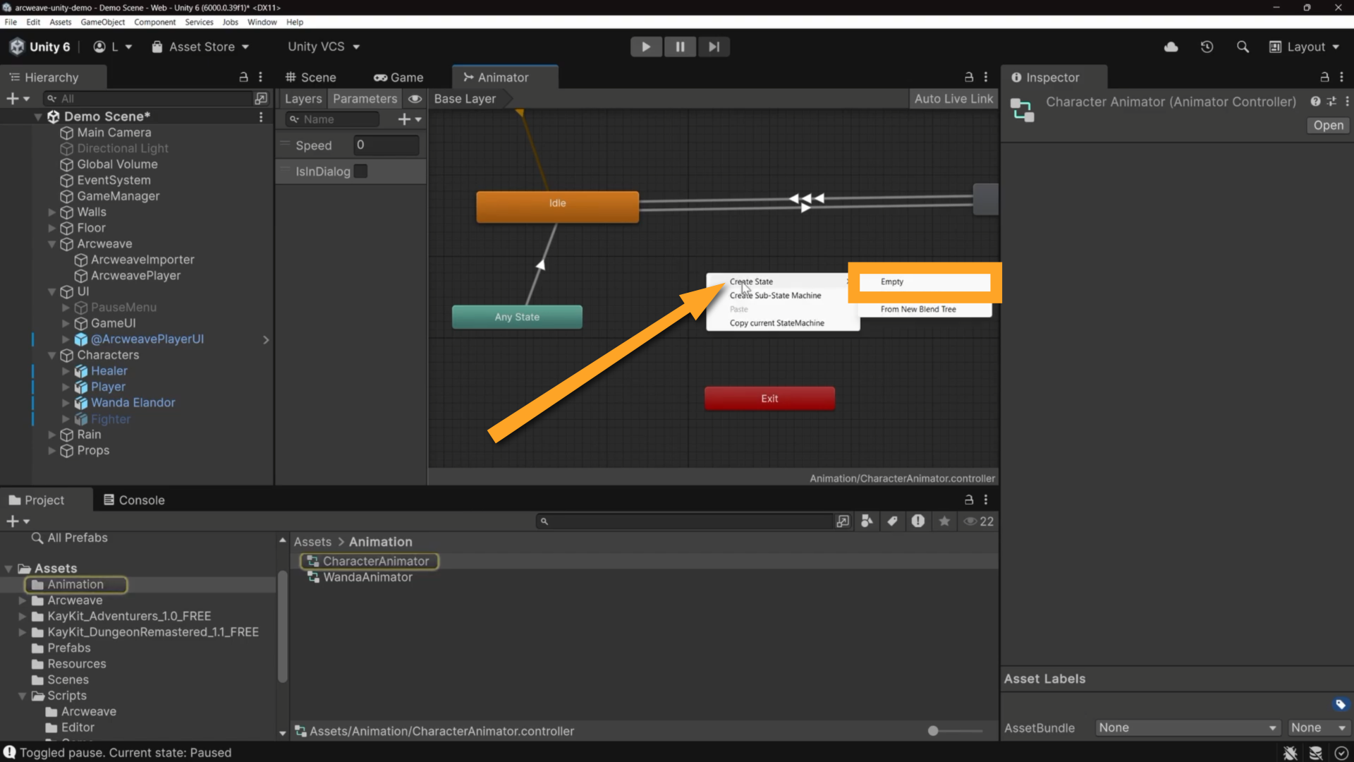 Unity environment, the Animator tab: an orange arrow shows the context menu appearing when the user right-clicks. An orange rectangle shows Create State and Empty.