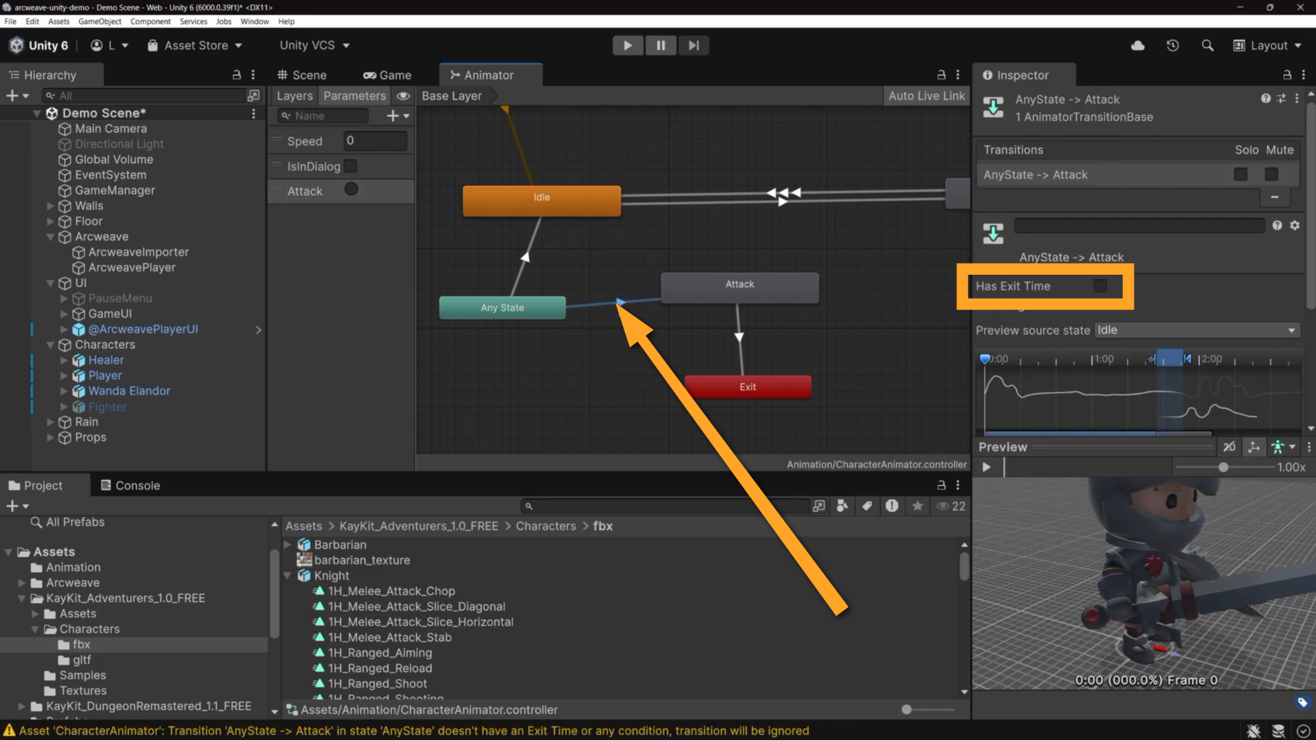 Unity environment, the Animator tab: an orange arrow points at the transition between Any State and Attack, while an orange rectangle shows the "Has Exit Time" unchecked.