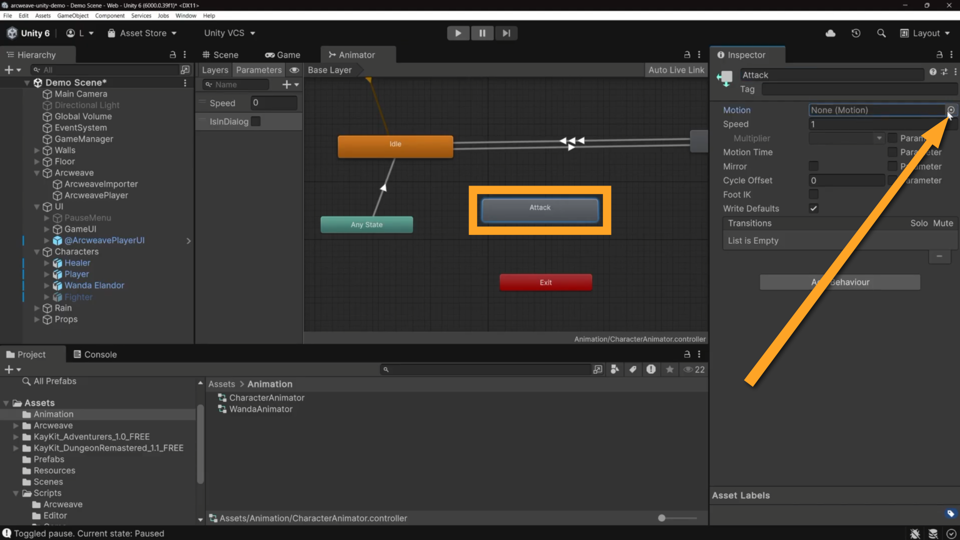 Unity environment, the Animator tab: an orange rectangle shows the new state node, while an orange arrow points at the object picker button.