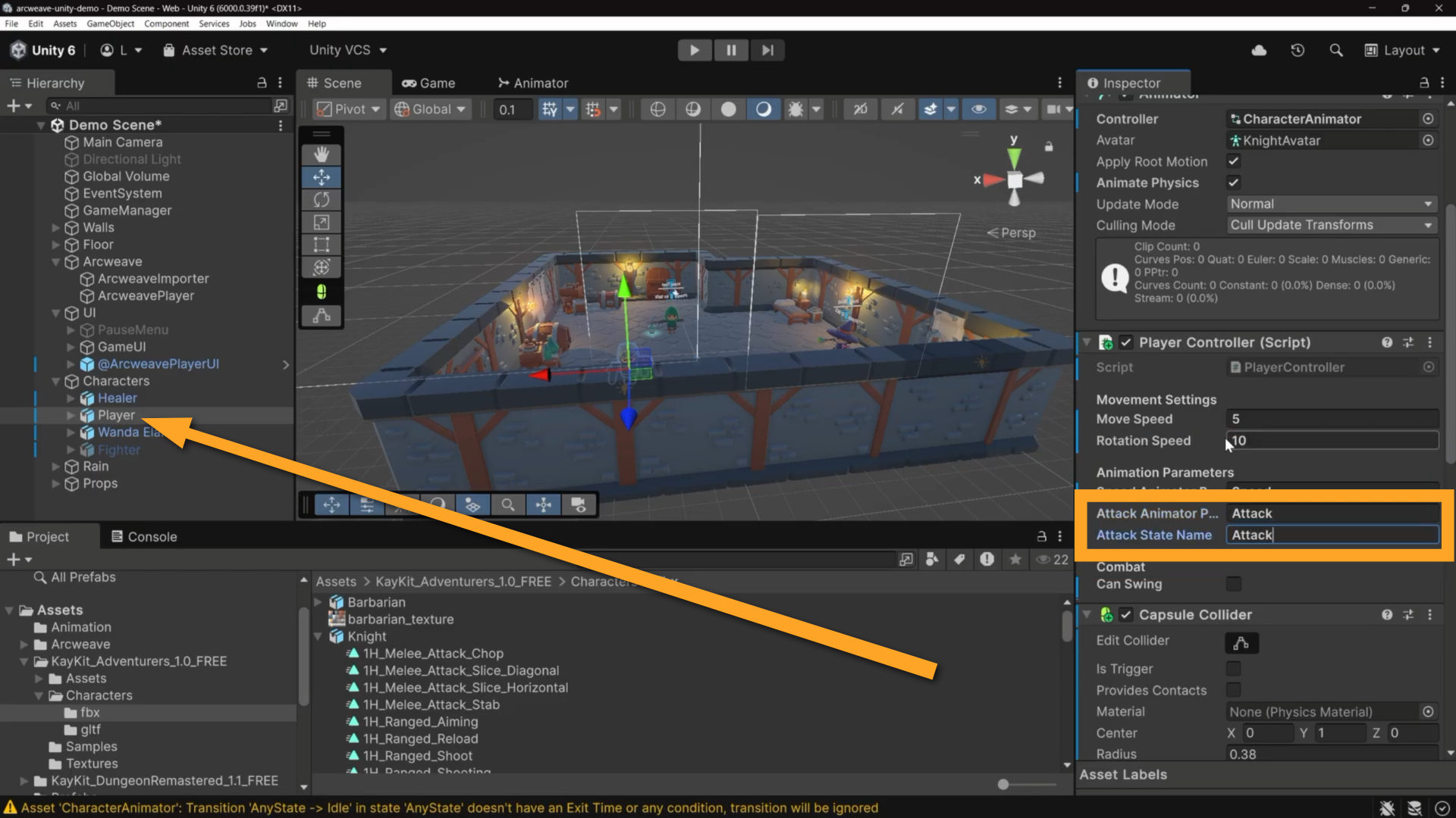 Unity environment: an orange arrow points at the Player GameObject in the Hierarchy. An orange rectangle shows the two fields of Attack Animator Param and Attack State Name in the Player Controller Inspector.