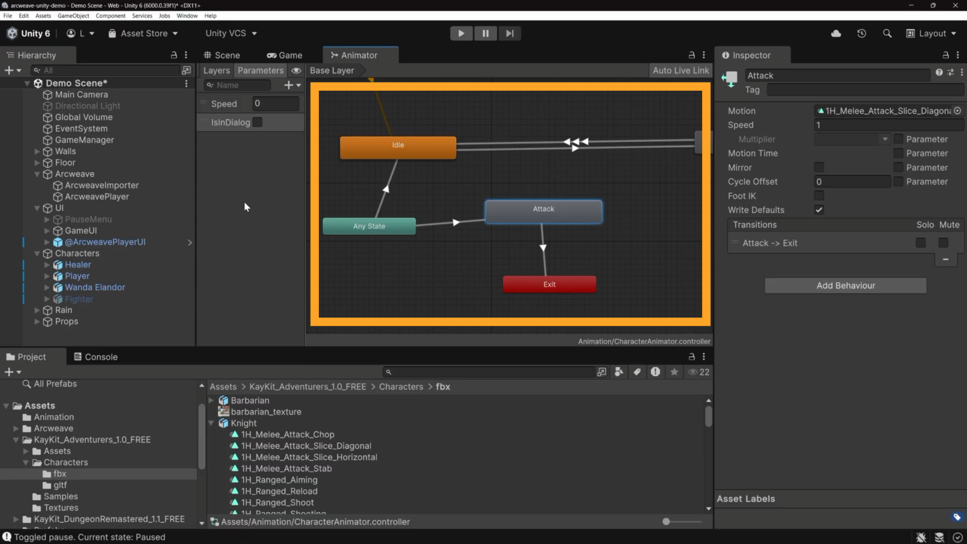 Unity environment, the Animator tab: an orange rectangle emphasizes the whole animation graph.