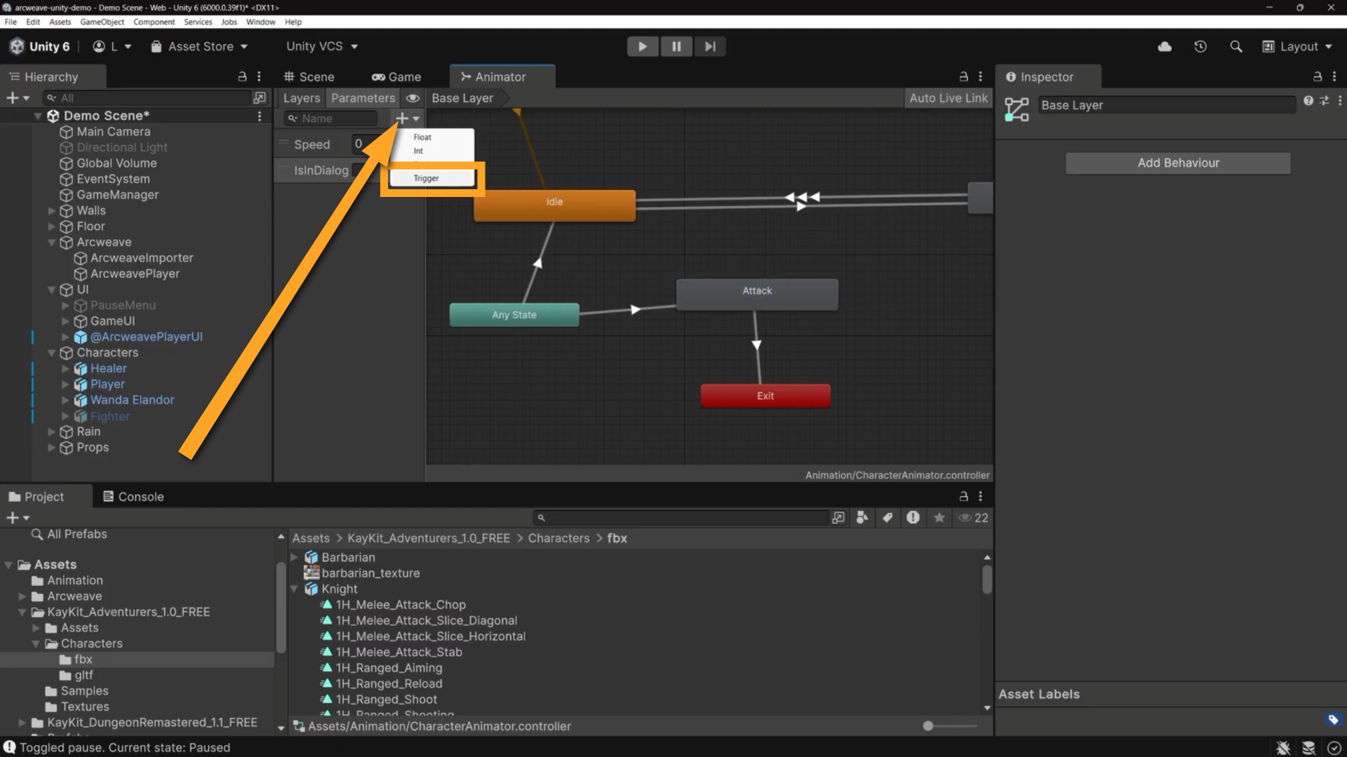 Unity environment, the Animator tab: an orange arrow points at the + button. An orange rectangle emphasizes the Trigger selection of the context menu.
