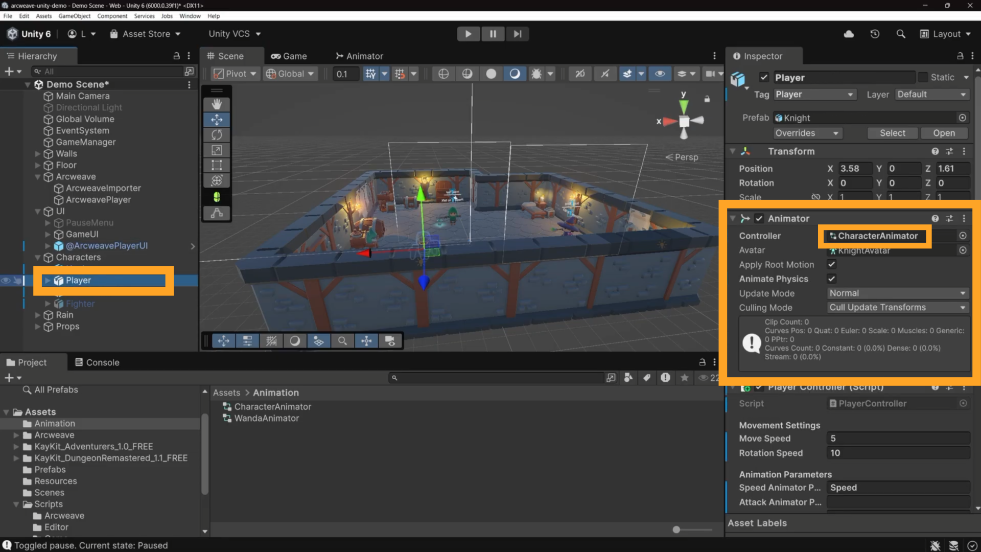 Unity environment: an orange rectangle emphasizes the Player GameObject in the Hierarchy, while another one shows the Animator component in the Inspector. A smaller rectangle within it shows the Controller field, which is occupied by the Character Animator object.