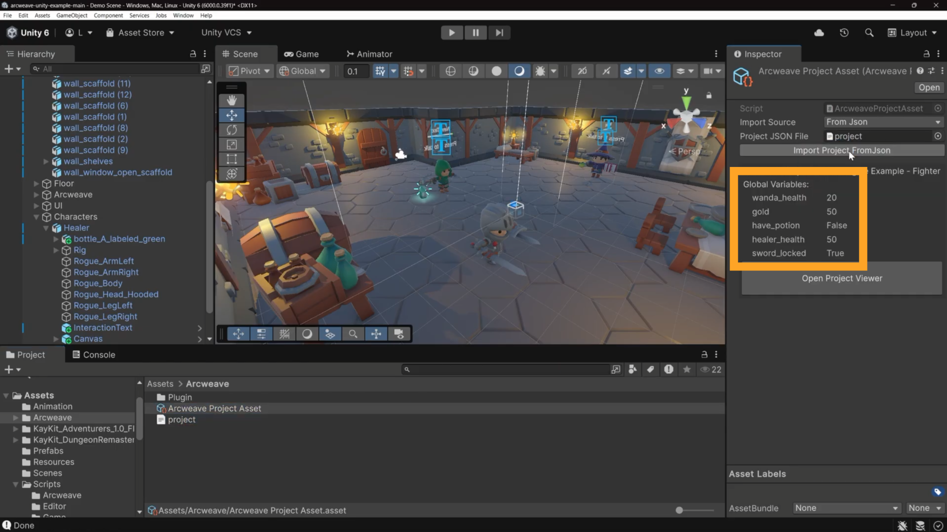 Unity environment. An orange rectangle shows the project's variables, in the Arcweave Project Asset's Inspector.