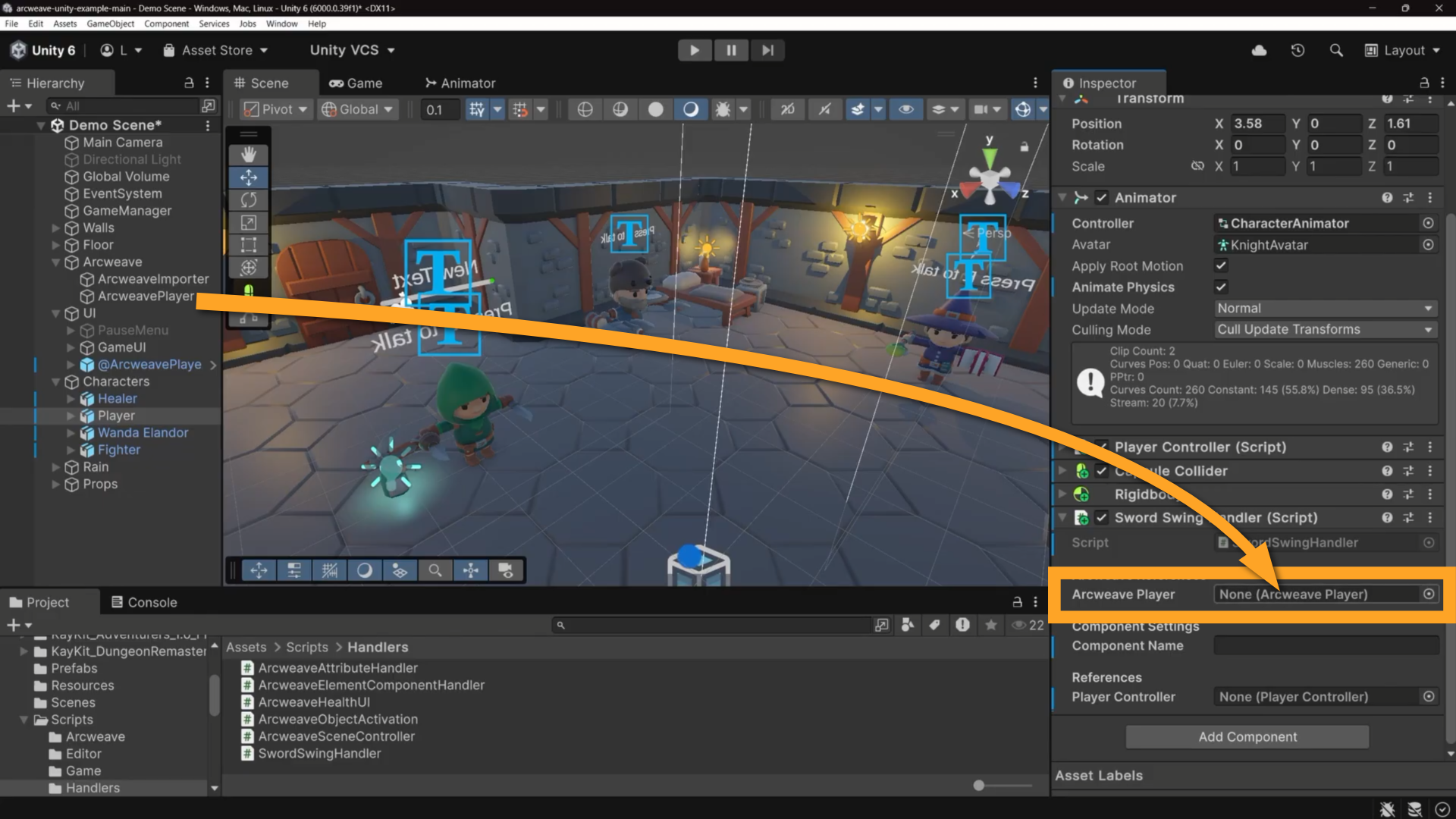 Unity environment: an orange arrow shows how the user should drag the ArcweavePlayer GameObject from the Hierarchy and drop it into the Arcweave Player field of the Player GameObject Inspector.