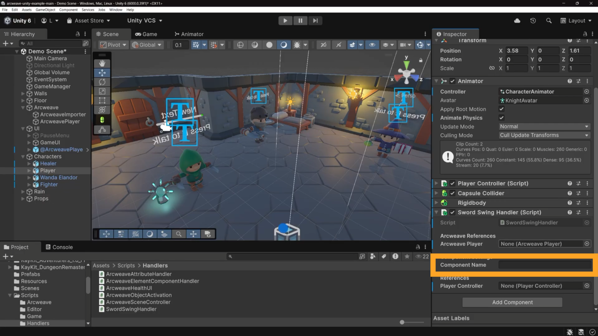 Unity environment: an orange rectangle emphasizes the field Component Name in the Inspector of the Player GameObject.
