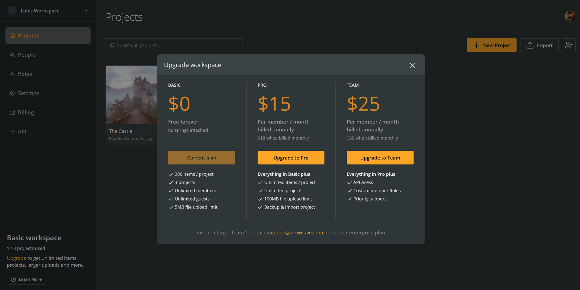 The "Upgrade workspace" modal with the options to switch to Pro or Team.