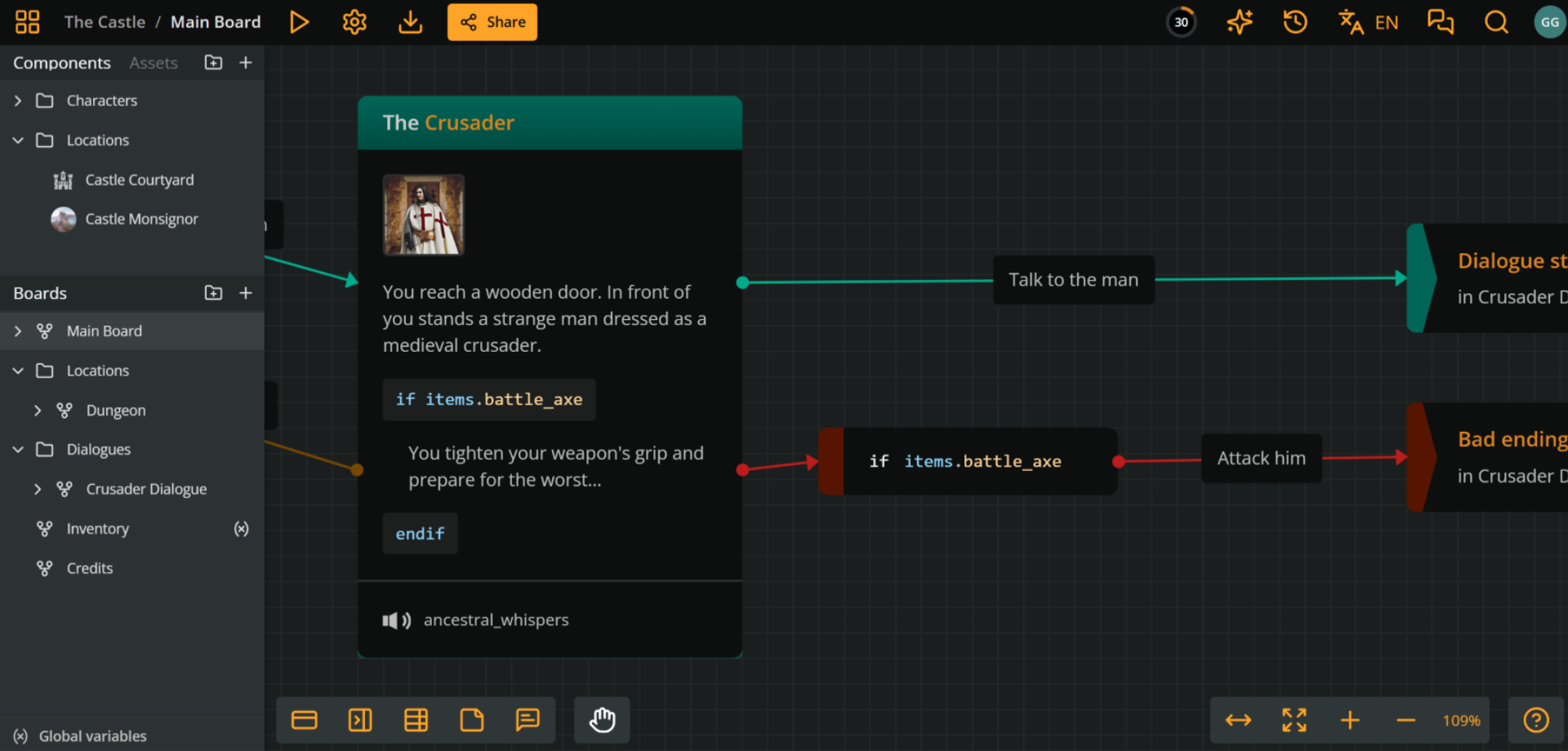 Arcweave project environment showing an element and a branch that both include the board variable "items.battle_axe"