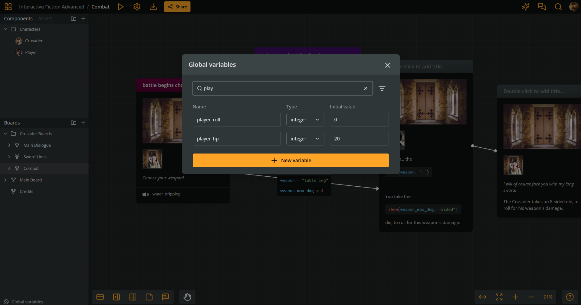 The global variables panel in Arcweave, demonstrating the search function. The user has typed "play" in the search field, making only the variables player_health and player_roll appear in the list.