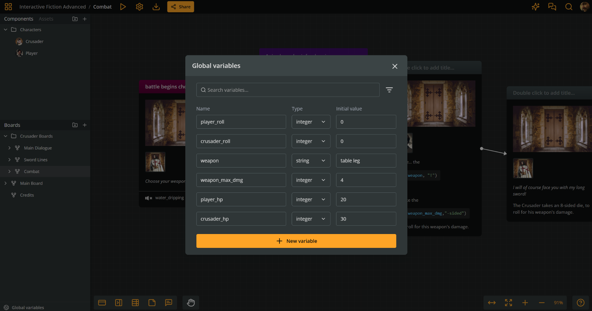 The global variables panel in Arcweave, showing all the variables of a project.