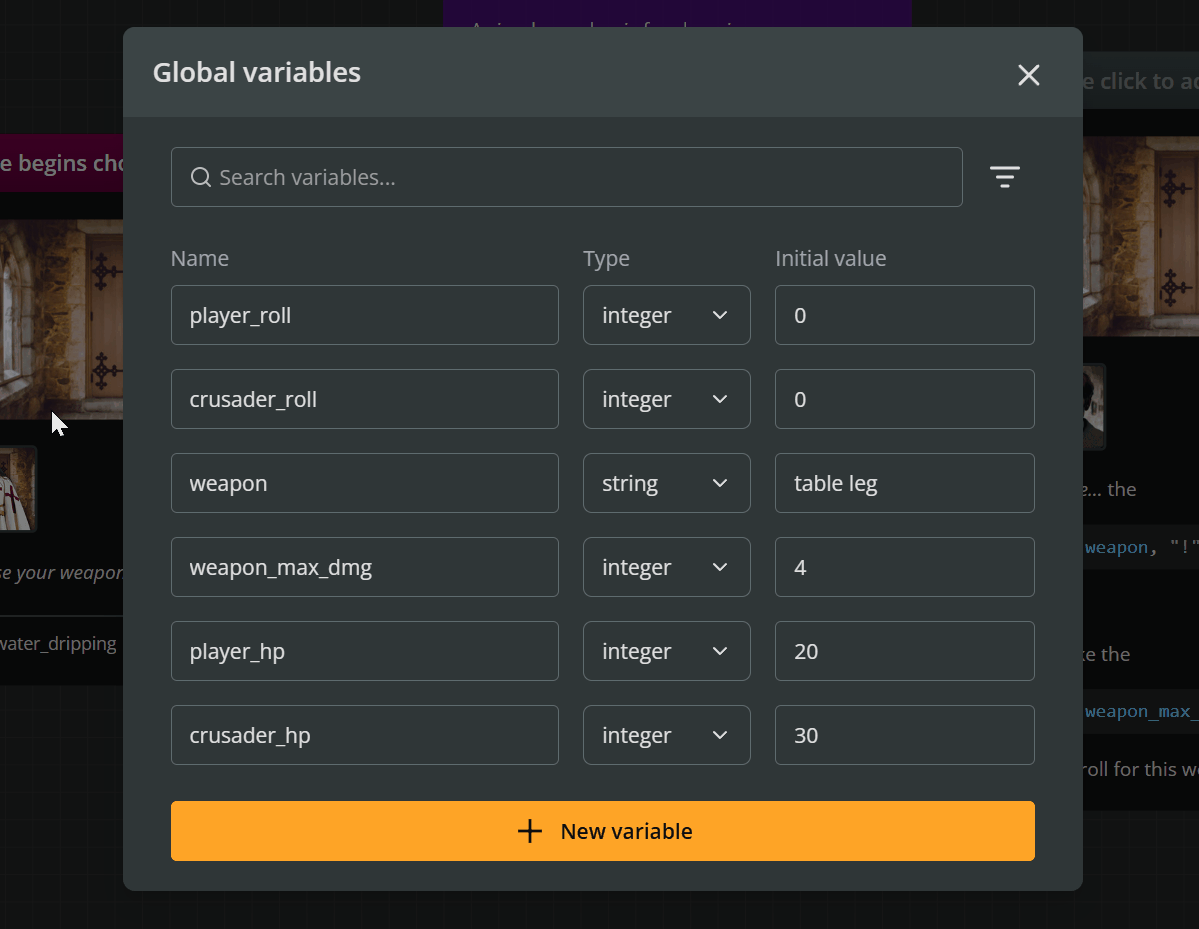 The global variables panel in Arcweave, demonstrating how to reorder variables by dragging and dropping.